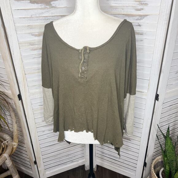 FREE PEOPLE Women's Small Star Oversized Henley Top Army Green Boho Distressed - Picture 16 of 16